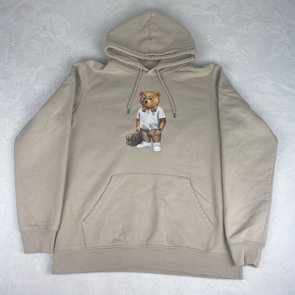 Baron Filou Bear Print Sweater Mens Medium Tan Hoodie Sweatshirt Pullover Casual
